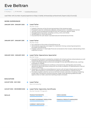 Lead Teller Resume Sample and Template