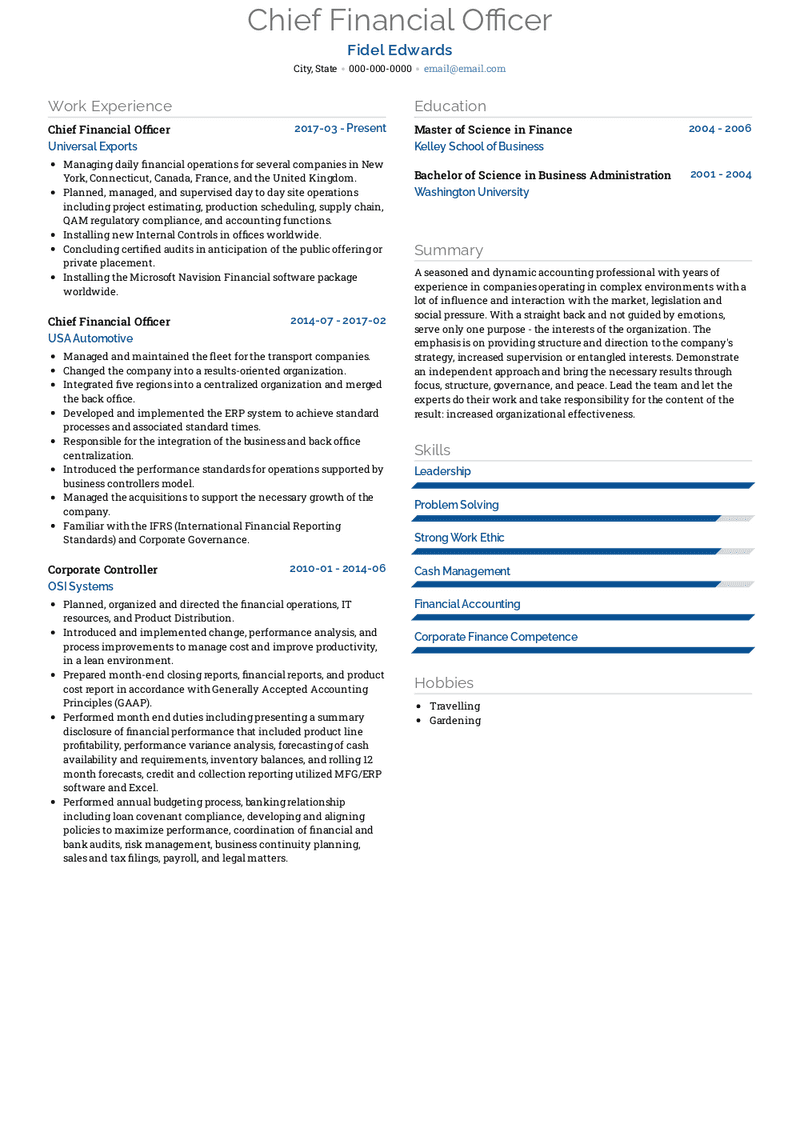 Chief Financial Officer Resume Sample and Template