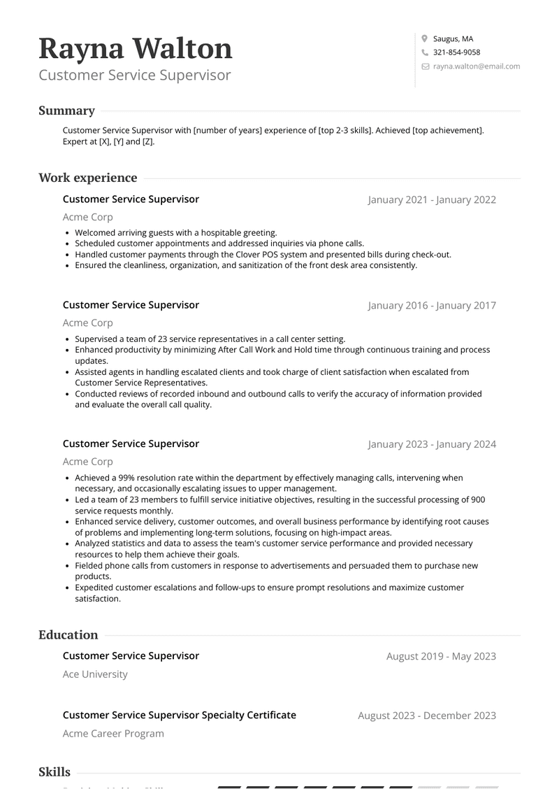 Customer Service Supervisor Resume Sample and Template