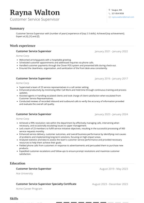 Customer Service Supervisor Resume Sample and Template