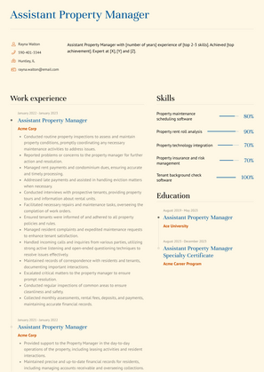 Assistant Property Manager Resume Sample and Template