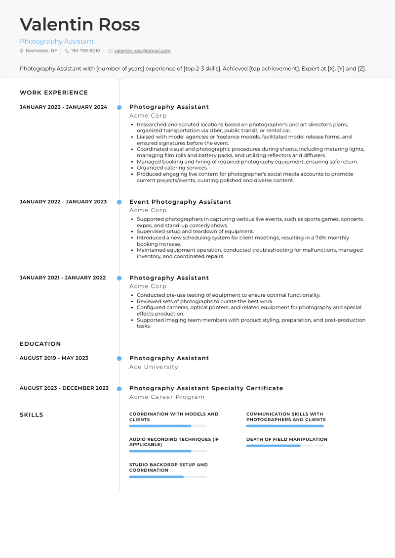 Photography Assistant Resume Sample and Template