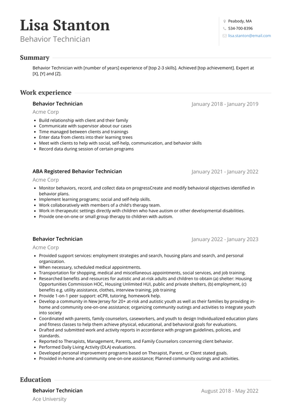 resume examples behavior technician