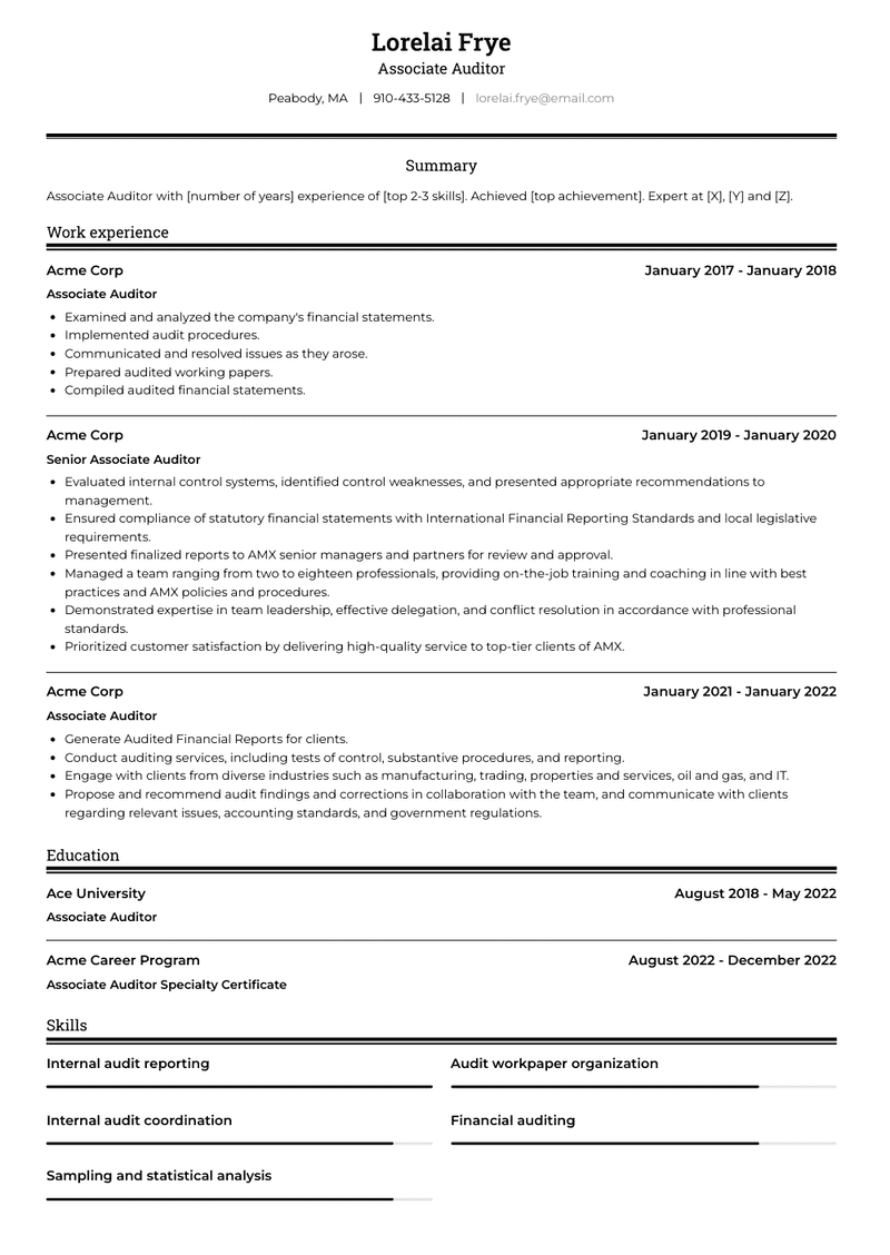 Associate Auditor Resume Sample and Template