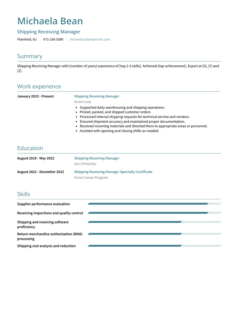 Shipping Receiving Manager Resume Sample and Template