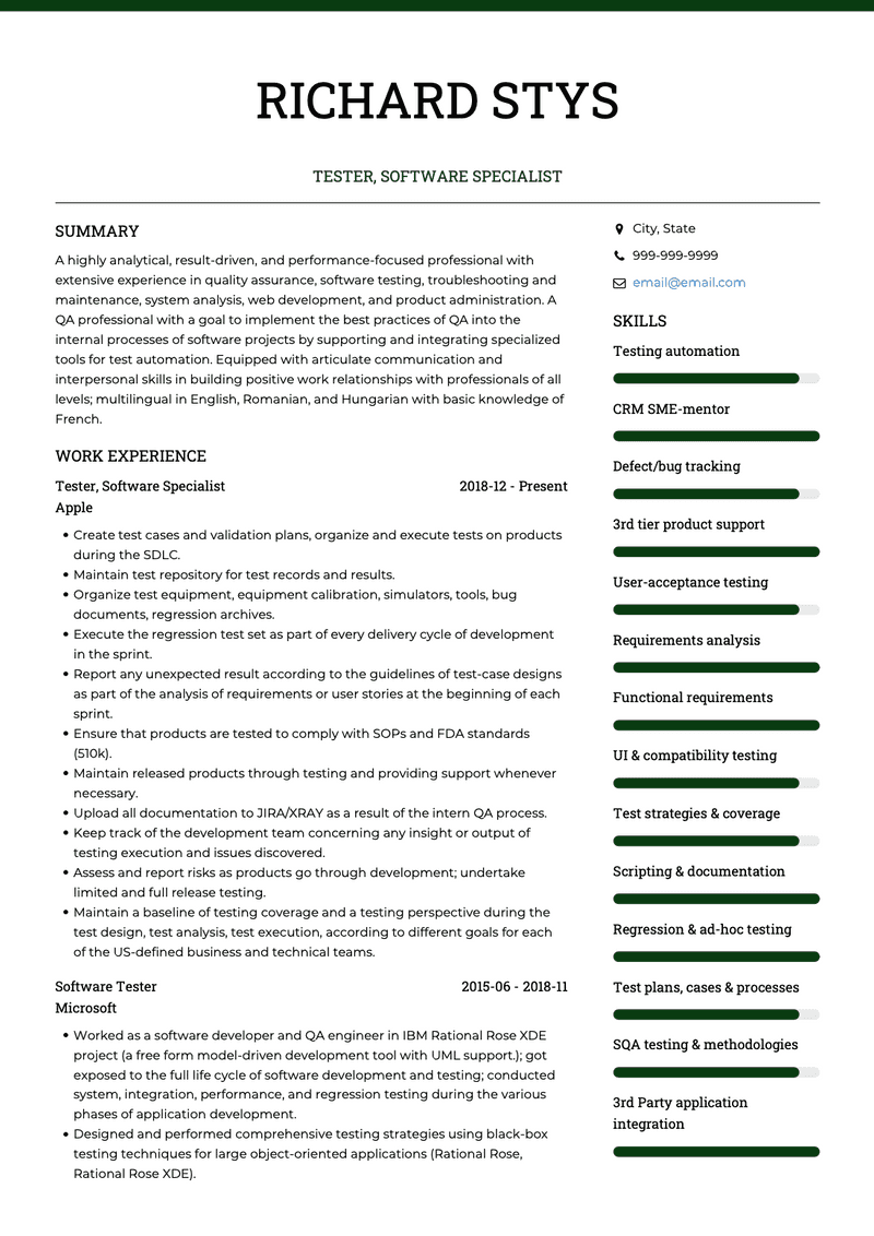 Tester, Software Specialist CV Example and Template
