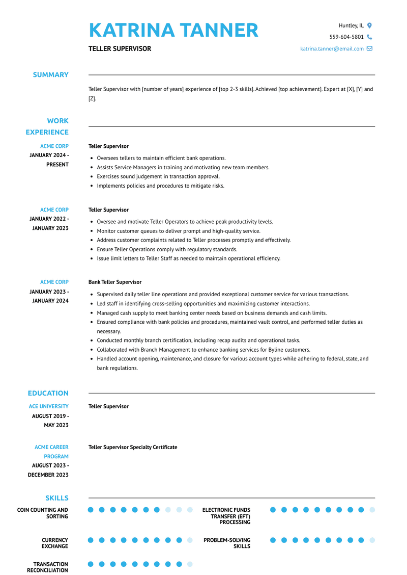 Teller Supervisor Resume Sample and Template