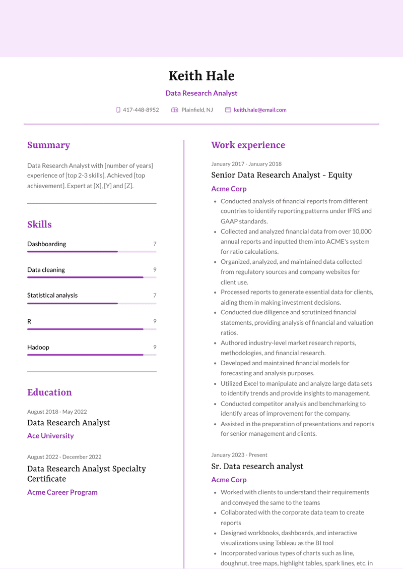Data Research Analyst Resume Sample and Template