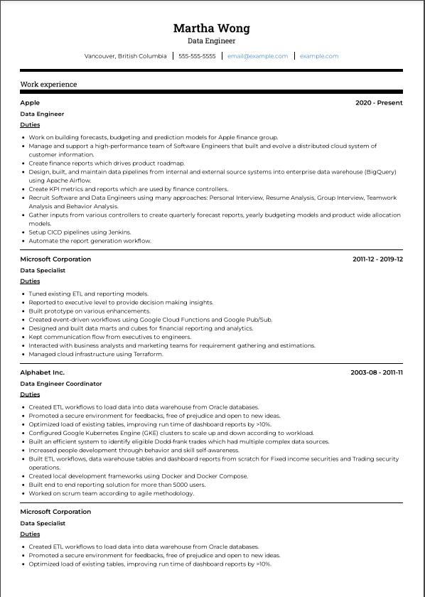 single column two page resume template