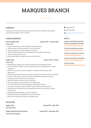 Supply Clerk Resume Sample and Template