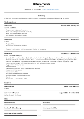 Au Pair Resume Sample and Template