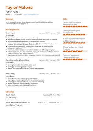 Ranch Hand Resume Sample and Template