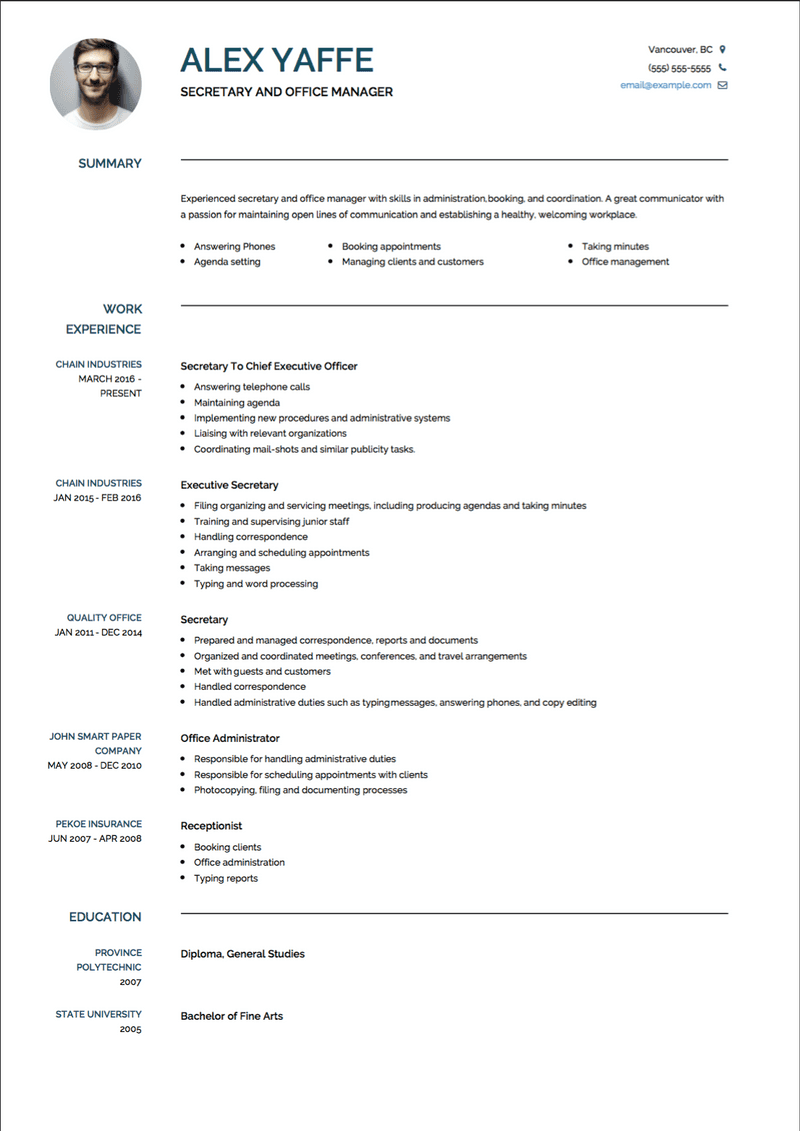 Secretary CV Examples & Templates  VisualCV