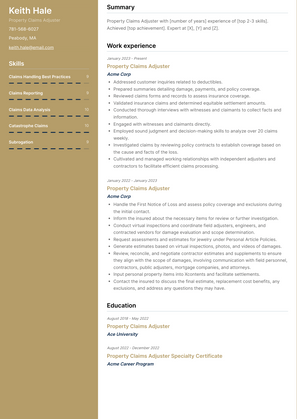 Property Claims Adjuster Resume Sample and Template