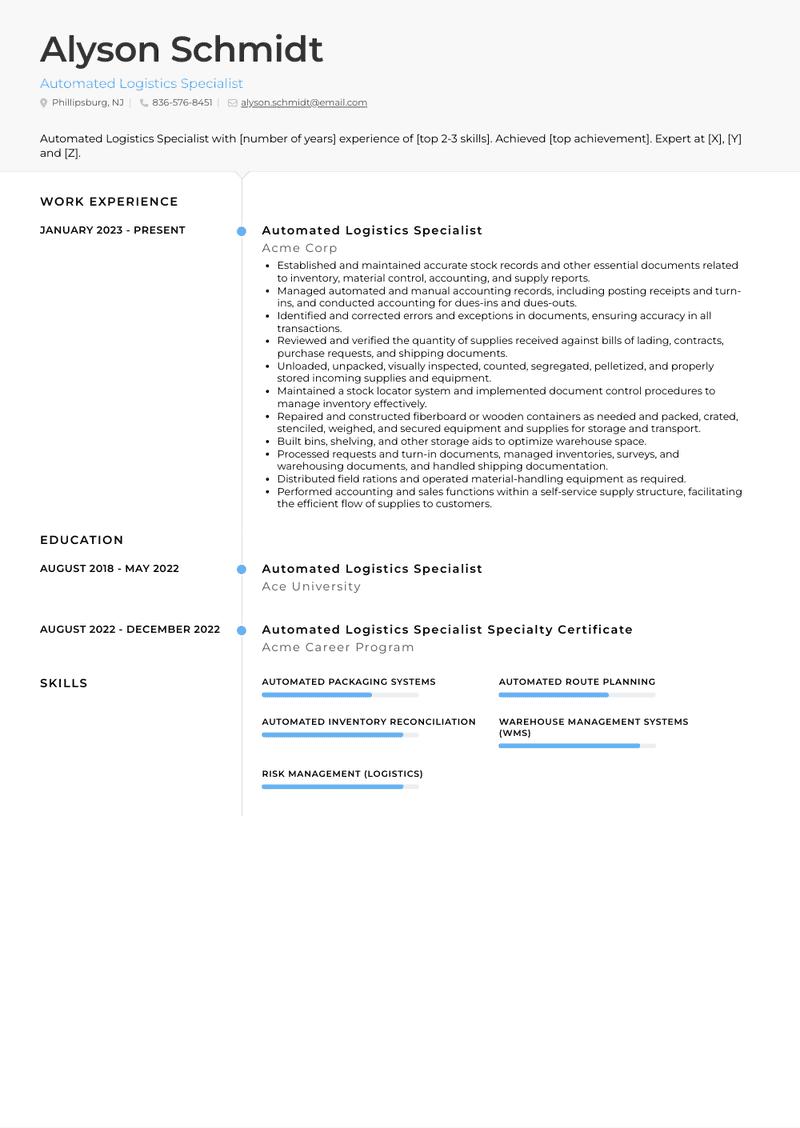 Automated Logistics Specialist Resume Sample and Template