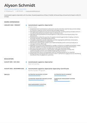 Automated Logistics Specialist Resume Sample and Template