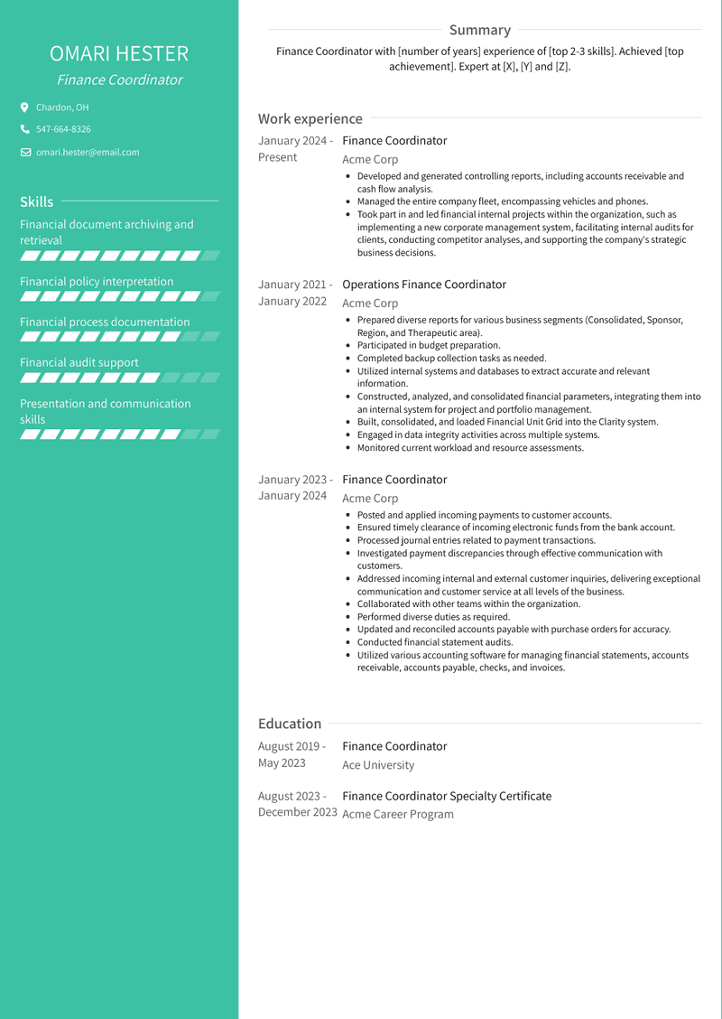 Finance Coordinator Resume Sample and Template