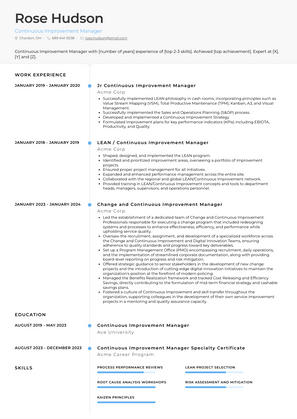 Continuous Improvement Manager Resume Sample and Template