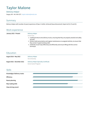 Delivery Helper Resume Sample and Template