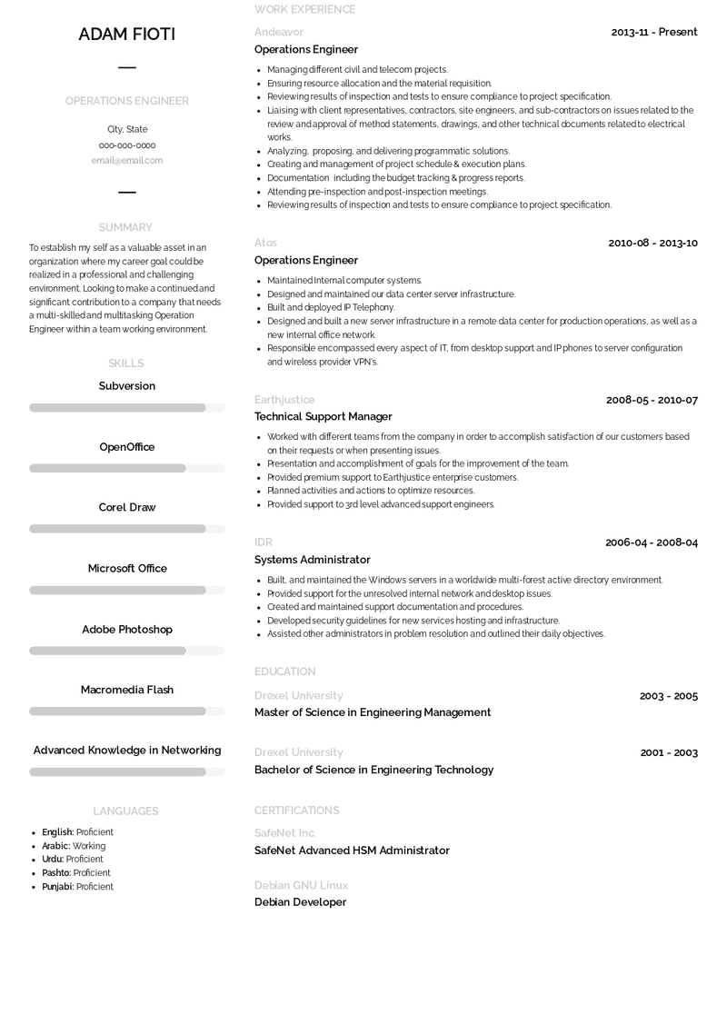 Operations Engineer Resume Sample and Template