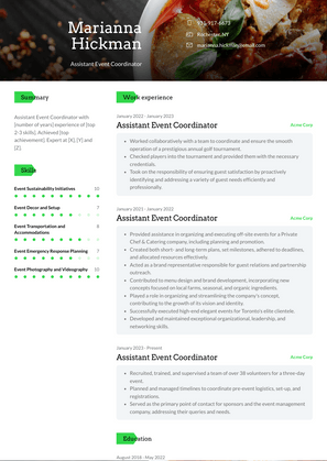 Assistant Event Coordinator Resume Sample and Template