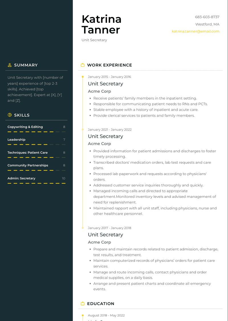 Unit Secretary Resume Sample and Template