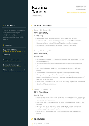 Unit Secretary Resume Sample and Template