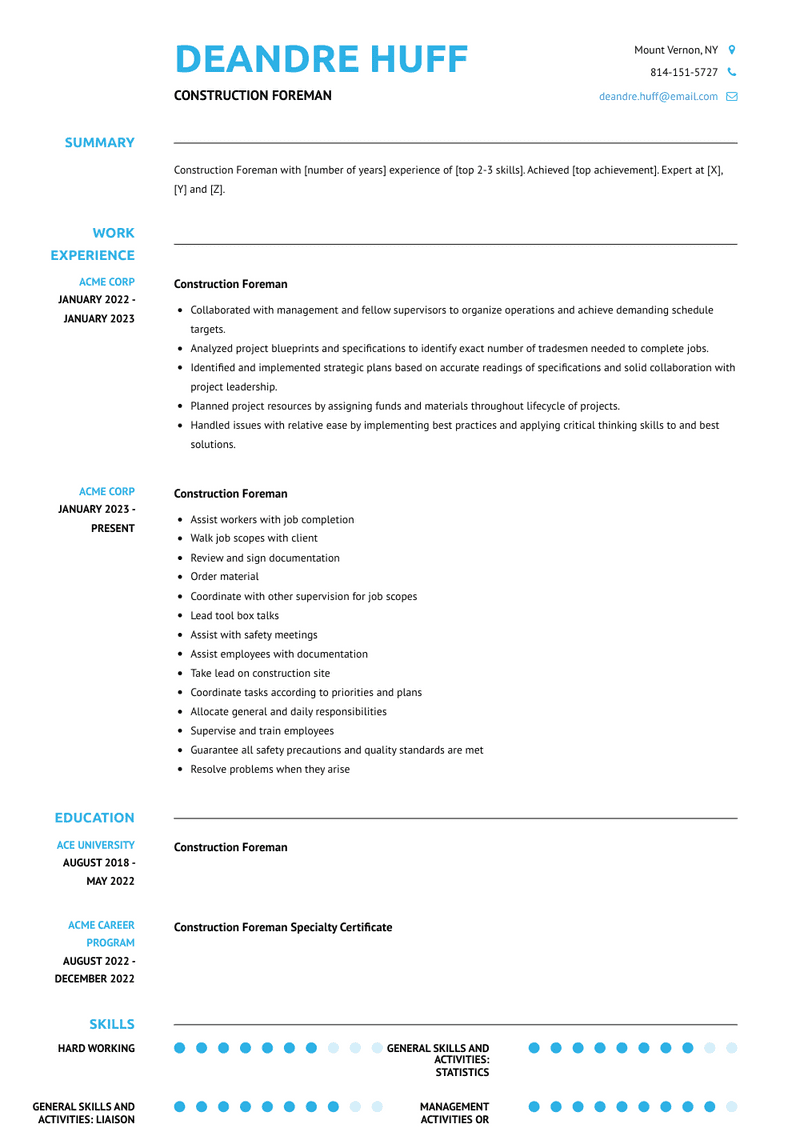 Construction Foreman Resume Sample and Template