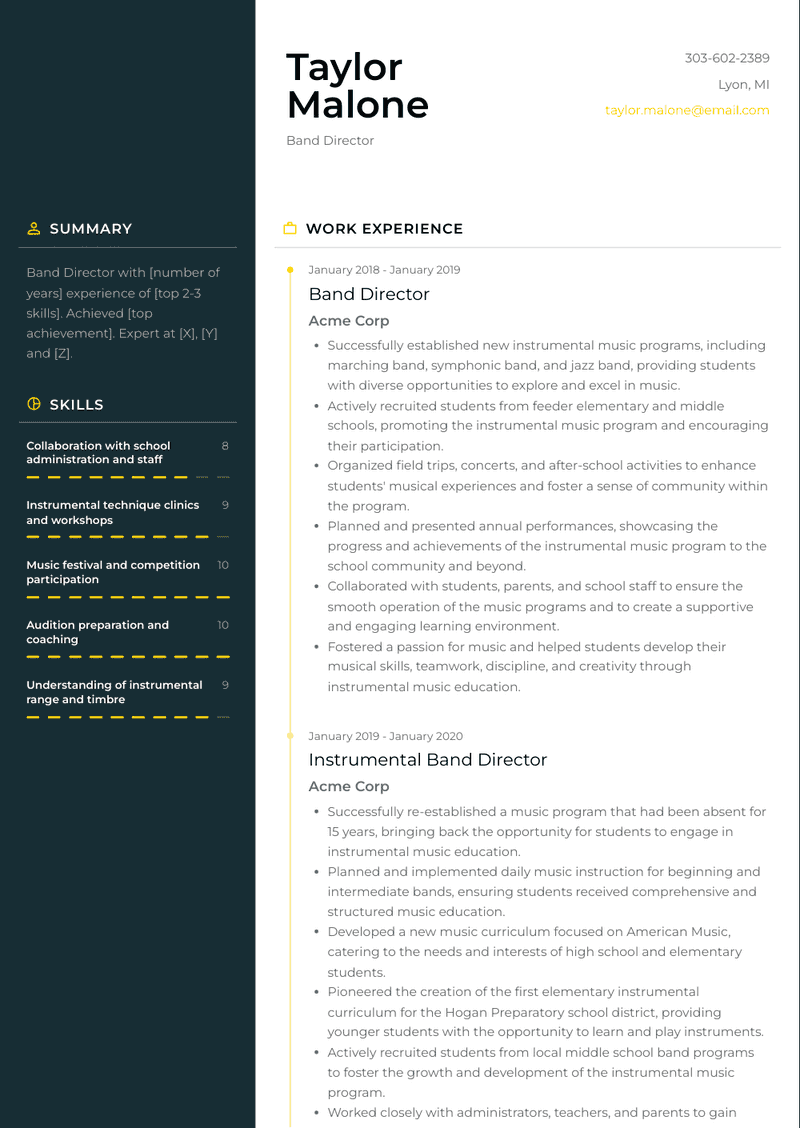 Band Director Resume Sample and Template