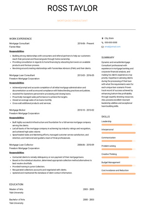 Mortgage Consultant Resume Sample and Template