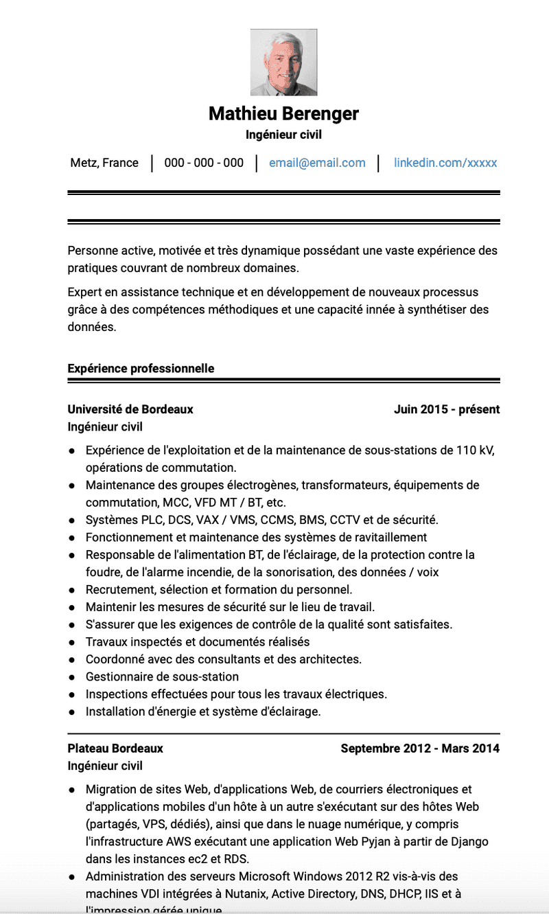 Exemple et modèle de CV Ingénieur civil