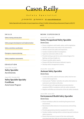 Safety Specialist Resume Sample and Template