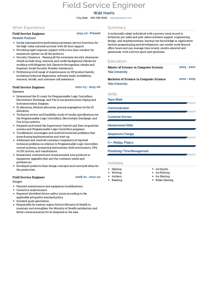 Field Service Engineer Resume Sample and Template