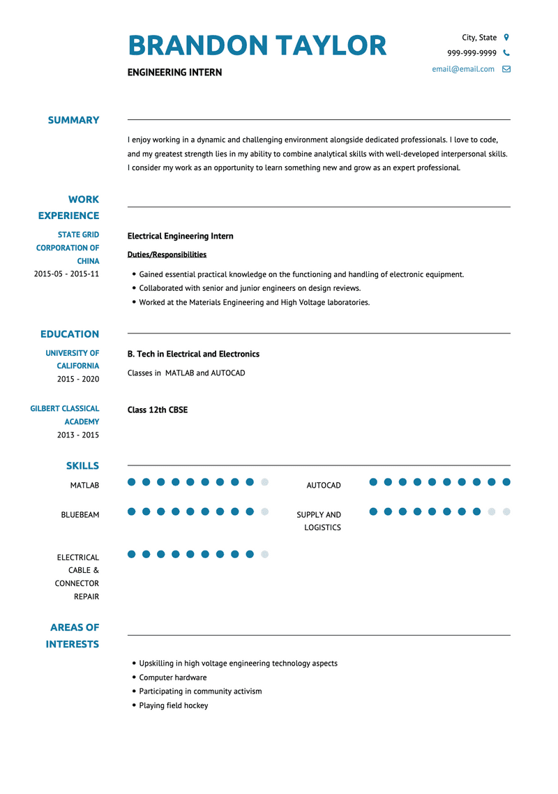 Engineering Intern CV Example and Template