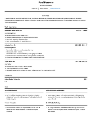 Writer/Journalist Resume Sample and Template