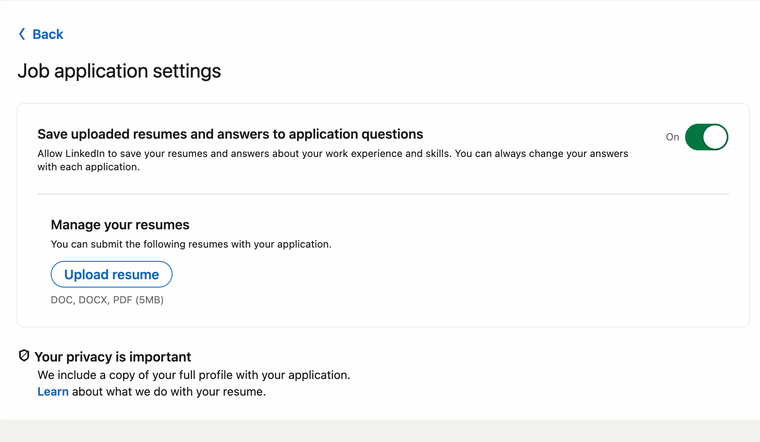 LinkedIn Job Application Settings Page