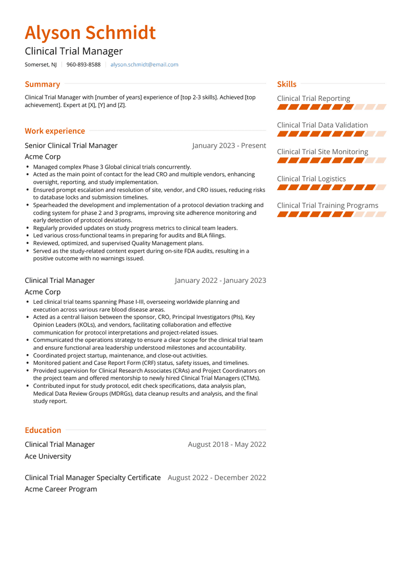 Clinical Trial Manager Resume Sample and Template