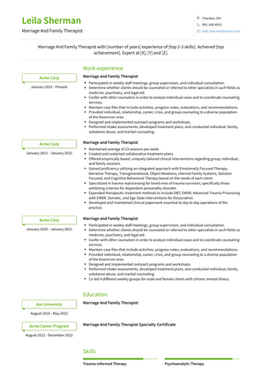 Marriage And Family Therapist Resume Sample and Template