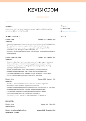 Kitchen Crew Resume Sample and Template