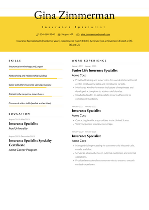 Insurance Specialist Resume Sample and Template