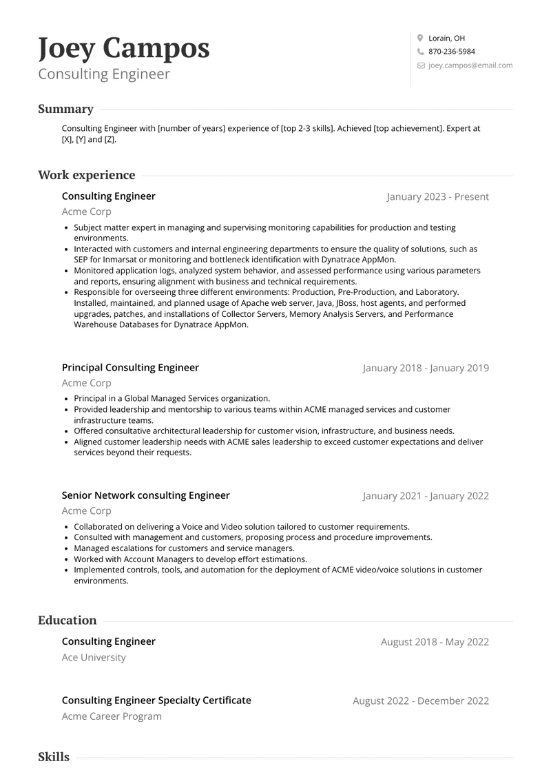 Consulting Engineer Resume Sample and Template