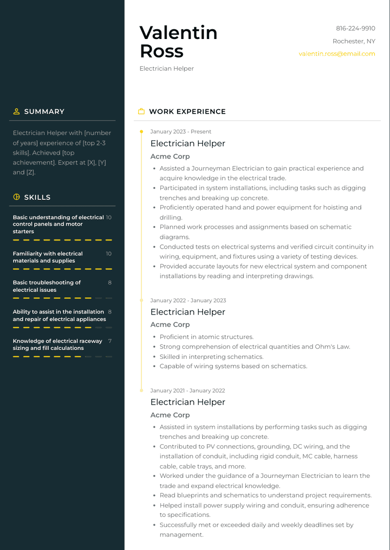 Electrician Helper Resume Sample and Template