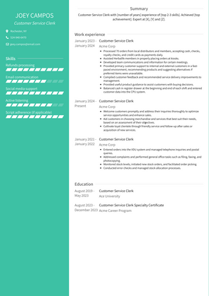 Customer Service Clerk Resume Sample and Template