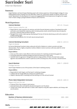 Internet Marketer Resume Sample and Template