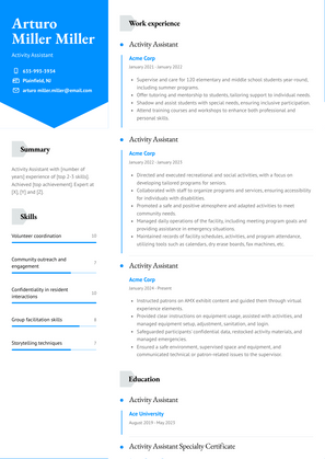 Activity Assistant Resume Sample and Template