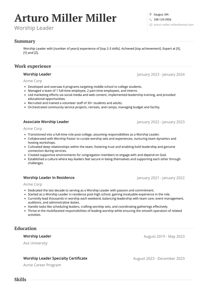 Worship Leader Resume Sample and Template