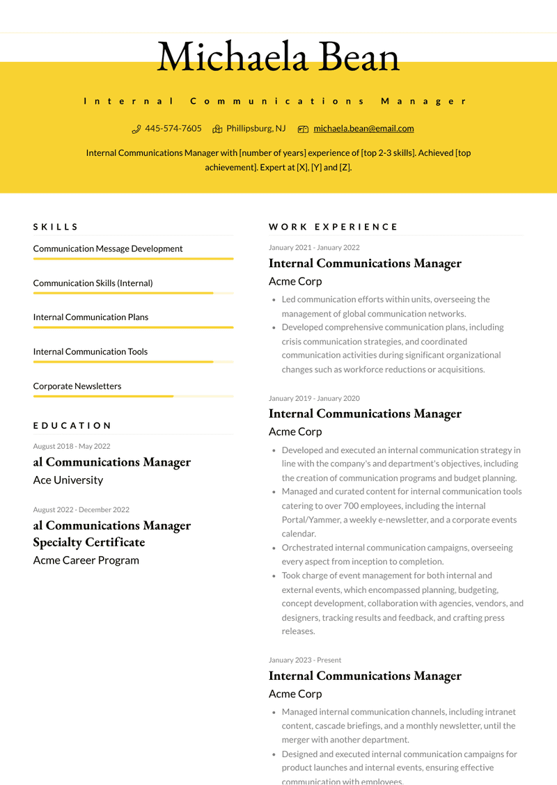 Internal Communications Manager Resume Sample and Template