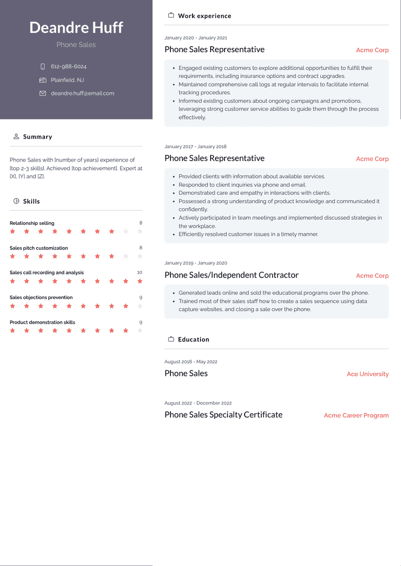 Phone Sales Resume Sample and Template