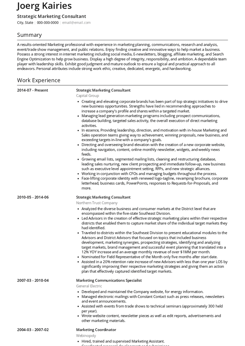 Strategic Marketing Consultant Resume Sample and Template