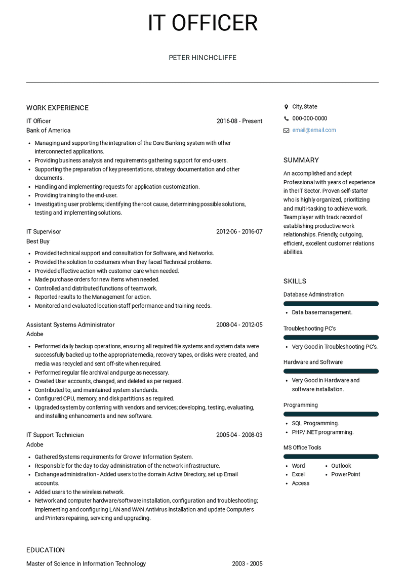 IT Officer Resume Sample and Template